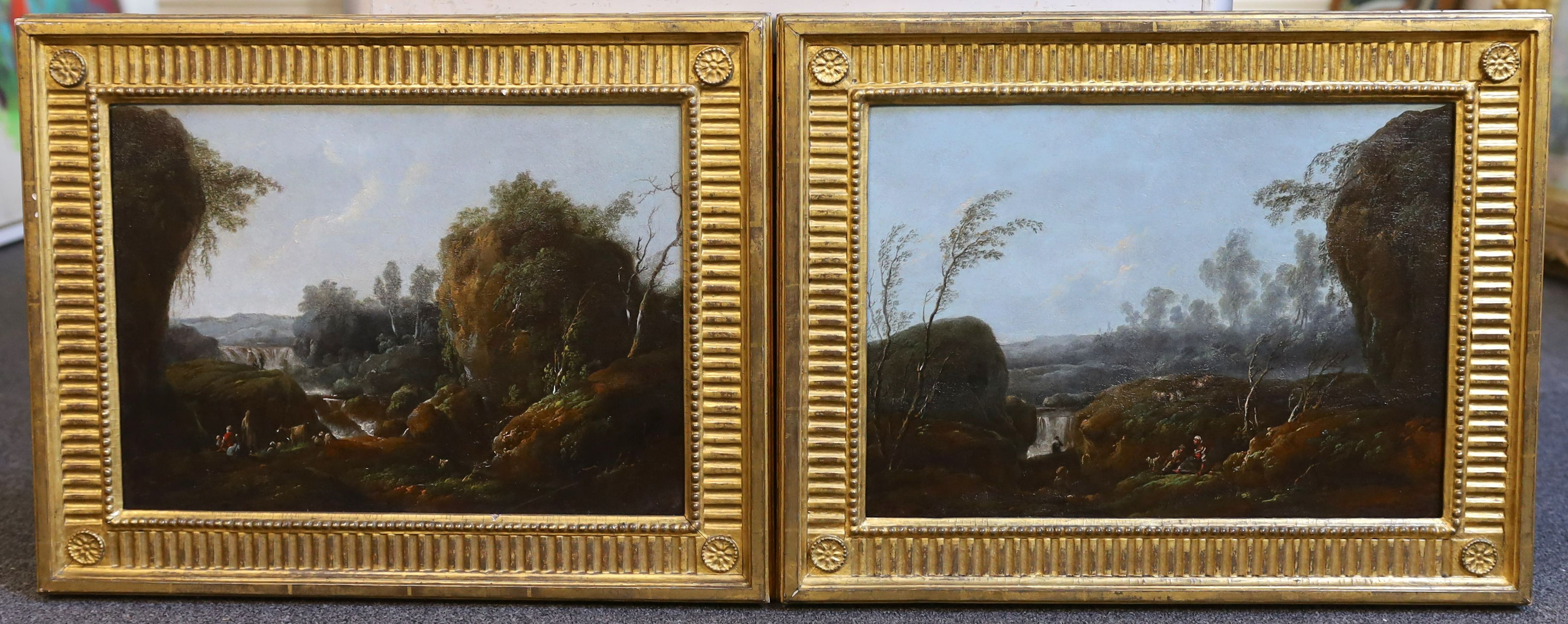 Jean Baptiste Pillement (French, 1728-1808), Italianate river landscapes, oil on zinc panels, a pair, 28 x 38.5cm